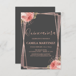 Invitation Charcoal Grey et Rose Gold Quinceanera Party