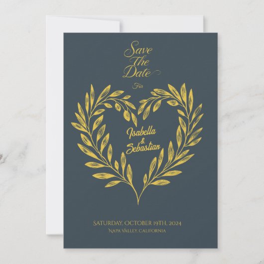 Invitation Charcoal Grey & Pale Gold Heart Enregistrer la dat (Devant)