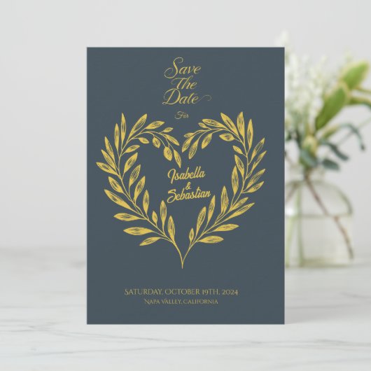 Invitation Charcoal Grey & Pale Gold Heart Enregistrer la dat (Debout devant)