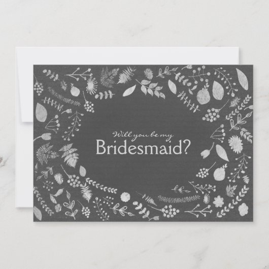 Invitation Charcoal Grey Silver Floral Be My Bridesmaid etc. (Devant)