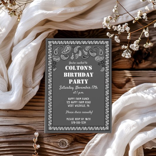 Invitation Charcoal Grey Western Bandana Imprimer Anniversair