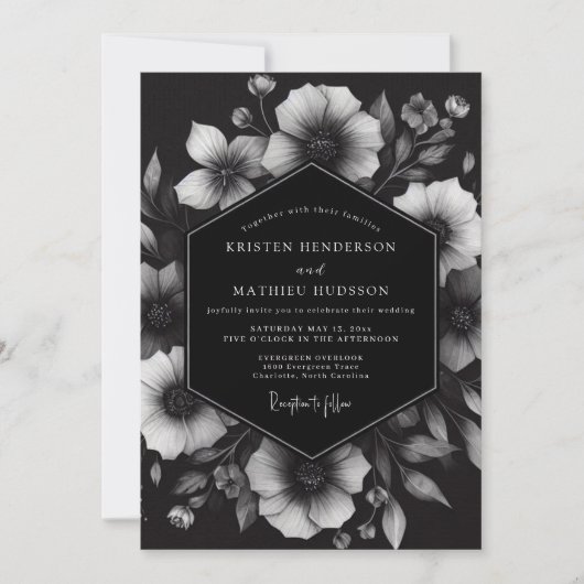 Invitation Charcoal Ink Blot Bloom Wedding (Devant)