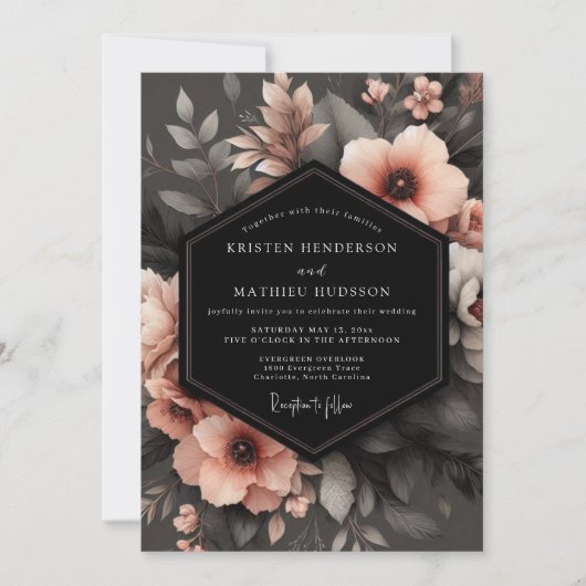 Invitation Charcoal Peach Shadowy Flora Wedding (Devant)