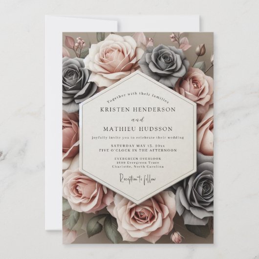 Invitation Charcoal Rose Timeless Bloom Wedding (Devant)