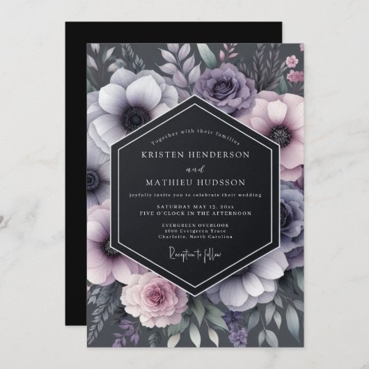 Invitation Charcoal Twilight Anemone Wedding (Devant / Derrière)