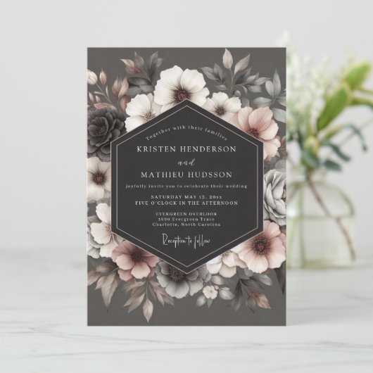 Invitation Charcoal Umbral Bloom Wedding (Debout devant)