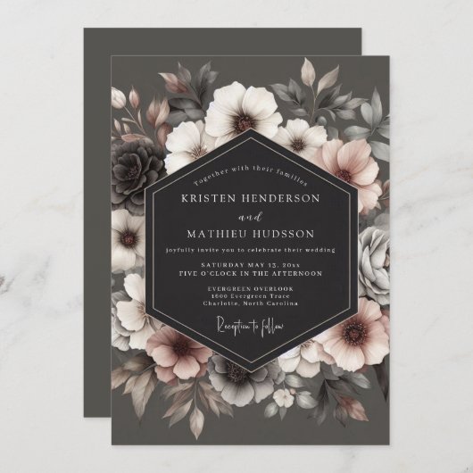 Invitation Charcoal Umbral Bloom Wedding (Devant / Derrière)