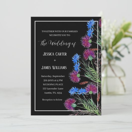 Invitation Chardon Cornflowers Aquarelle Rustique Mariage (Debout devant)