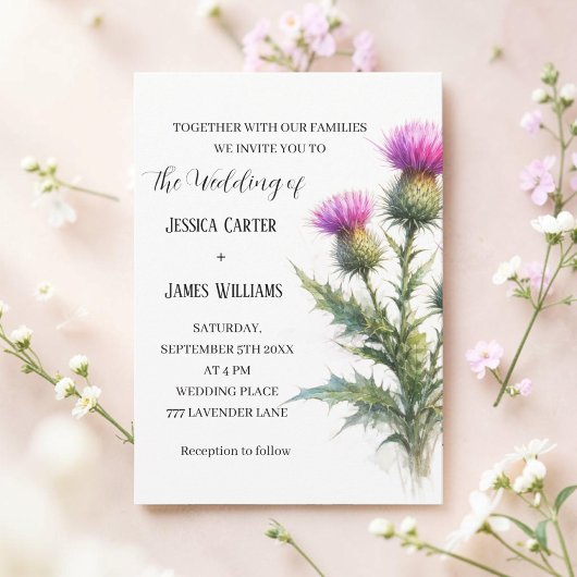 Invitation Chardon Mariage Aquarelle Rustique Écossais