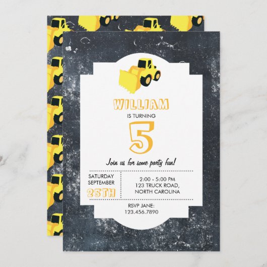 Invitation Chargeur frontal Construction Camion Anniversaire (Devant / Derrière)
