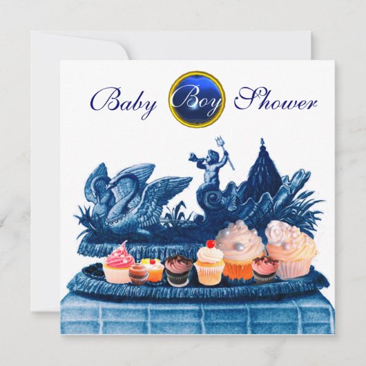 INVITATION CHARIOT BLEU DE SWANS / CUPCAKES BABY SHOWER GARÇO (Devant)