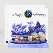 INVITATION CHARIOT BLEU DE SWANS ET CUPCAKES ANNIVERSAIRE (Devant / Derrière)