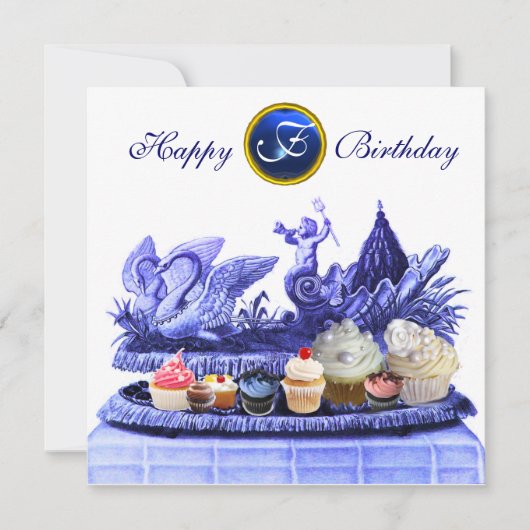 INVITATION CHARIOT BLEU DE SWANS ET CUPCAKES ANNIVERSAIRE (Devant)