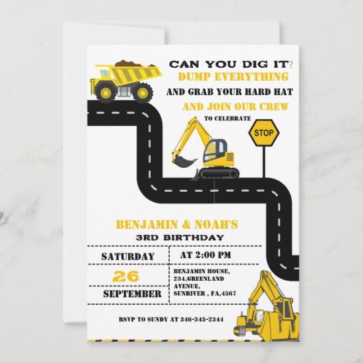 Invitation Chariot Camion Twin Boy Construction Anniversaire (Devant)