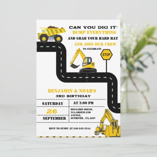 Invitation Chariot Camion Twin Boy Construction Anniversaire (Debout devant)