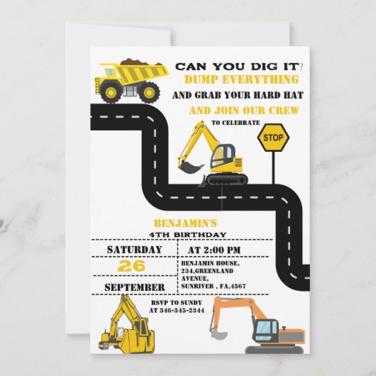 Invitation Chariot Camion Twin Boy Construction Anniversaire (Devant)