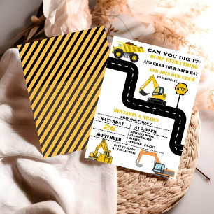 Invitation Chariot Camion Twin Boy Construction Anniversaire