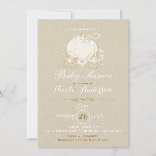 Invitation Chariot de Cendrillon doré Kraft Baby Shower Moder (Devant)