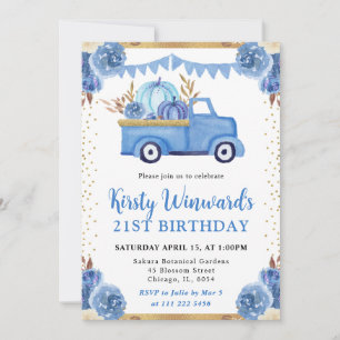 Invitation Chariot de citrouille florale or bleu Anniversaire