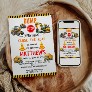 Invitation Chariot de construction 1ère fête d'anniversaire