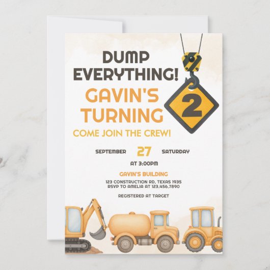 Invitation Chariot de construction 2e fête d'anniversaire (Devant)