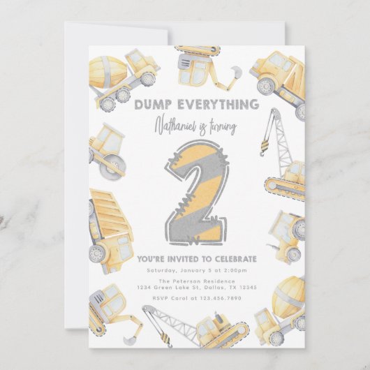 Invitation Chariot de construction 2e fête d'anniversaire (Devant)