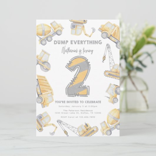 Invitation Chariot de construction 2e fête d'anniversaire (Debout devant)