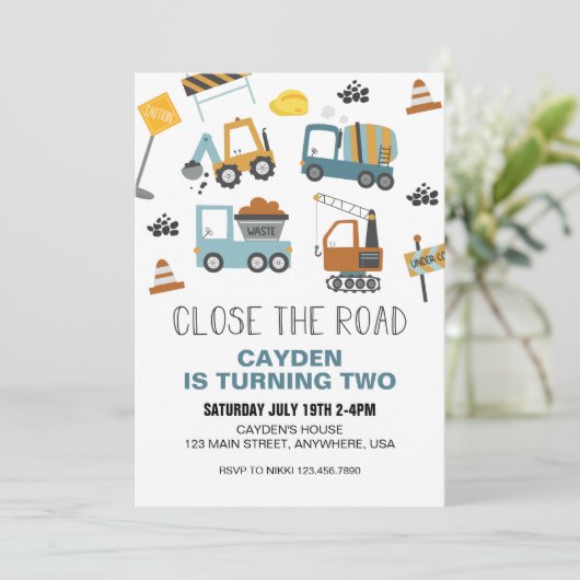 Invitation Chariot de construction Anniversaire (Debout devant)