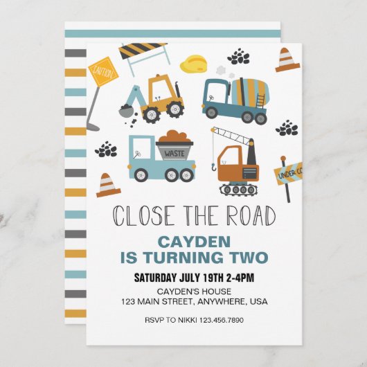 Invitation Chariot de construction Anniversaire (Devant / Derrière)