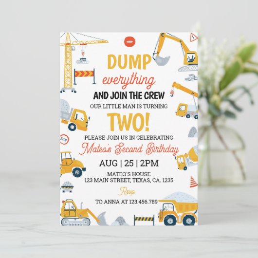 Invitation Chariot de construction Anniversaire (Debout devant)