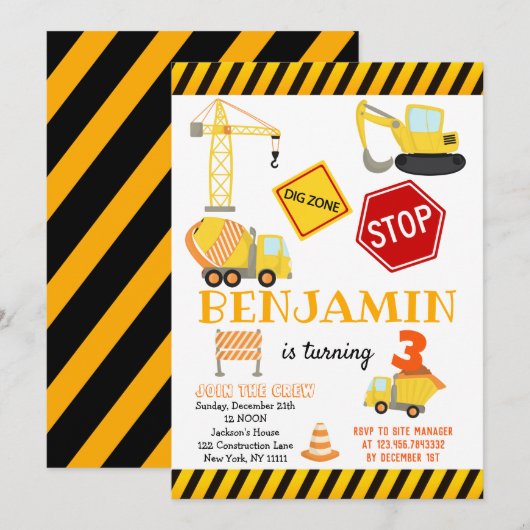 Invitation Chariot de construction Anniversaire (Devant / Derrière)