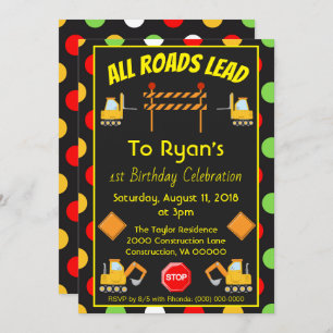 Invitation Chariot de construction Anniversaire fête Polka Do