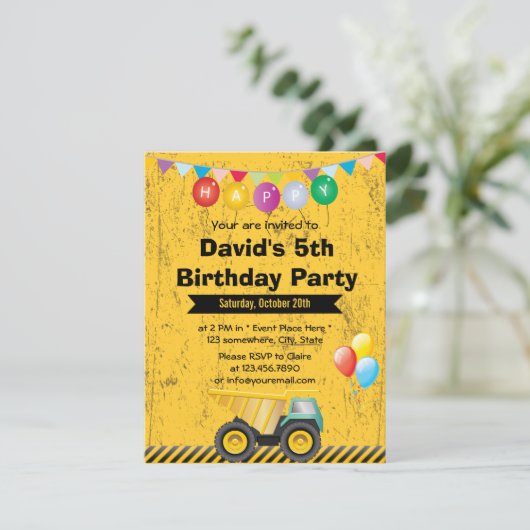 Invitation Chariot de construction Boy fête d'anniversaire (Debout devant)