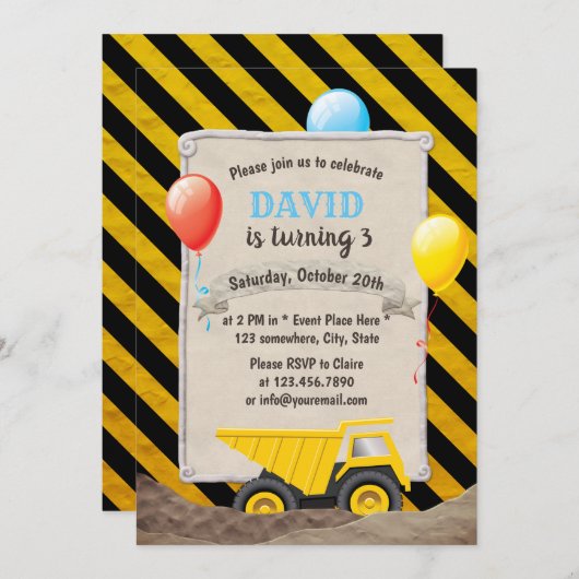 Invitation Chariot de construction Boy Fête d'anniversaire (Devant / Derrière)