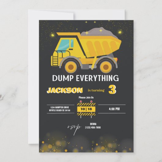 Invitation Chariot de construction Boys fête d'anniversaire (Devant)