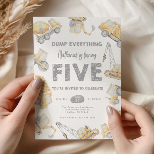 Invitation Chariot de construction CINQ fête de 5e anniversai