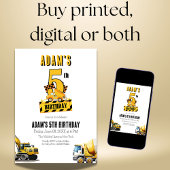 Invitation Chariot de construction cinquième fête d'anniversa