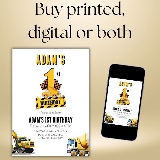 Invitation Chariot de construction première fête d'anniversai