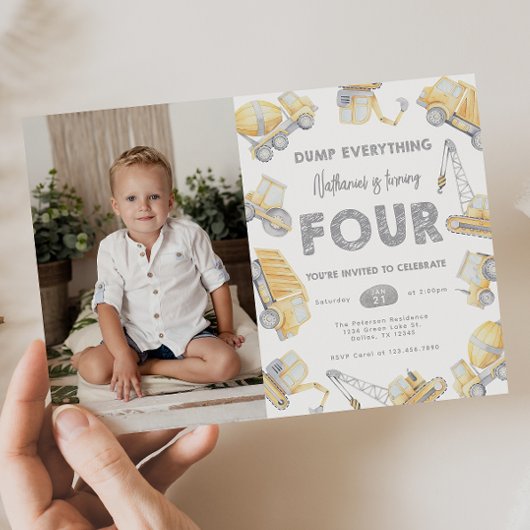 Invitation Chariot de construction QUATRE fête de 4e annivers