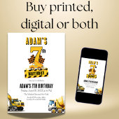 Invitation Chariot de construction septième fête d'anniversai