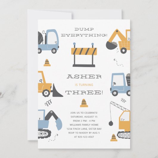 Invitation Chariot de construction thème Anniversaire fête (Devant)