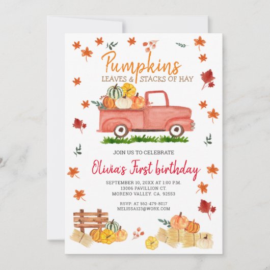 Invitation Chariot Rouge Automne Anniversaire Fête Hay, Feuil (Devant)