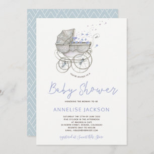 Invitation chariot vintage pastel bleu bébé garçon douche