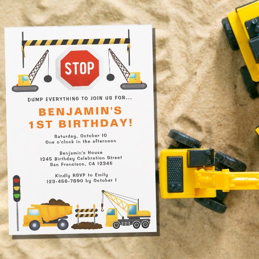 Invitation Chariots de construction 1er fête d'anniversaire