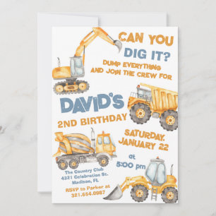 Invitation Chariots de construction 2e fête d'anniversaire