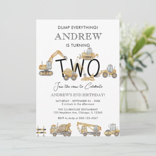 Invitation Chariots de construction 2e fête d'anniversaire (Debout devant)