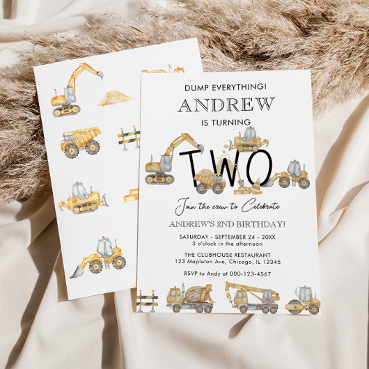 Invitation Chariots de construction 2e fête d'anniversaire