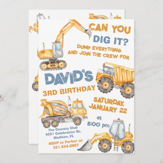 Invitation Chariots de construction 3e fête d'anniversaire (Devant / Derrière)