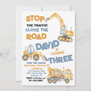 Invitation Chariots de construction 3e fête d'anniversaire