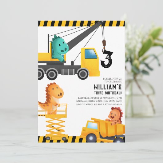 Invitation Chariots de construction Dinosaures fête d'anniver (Debout devant)